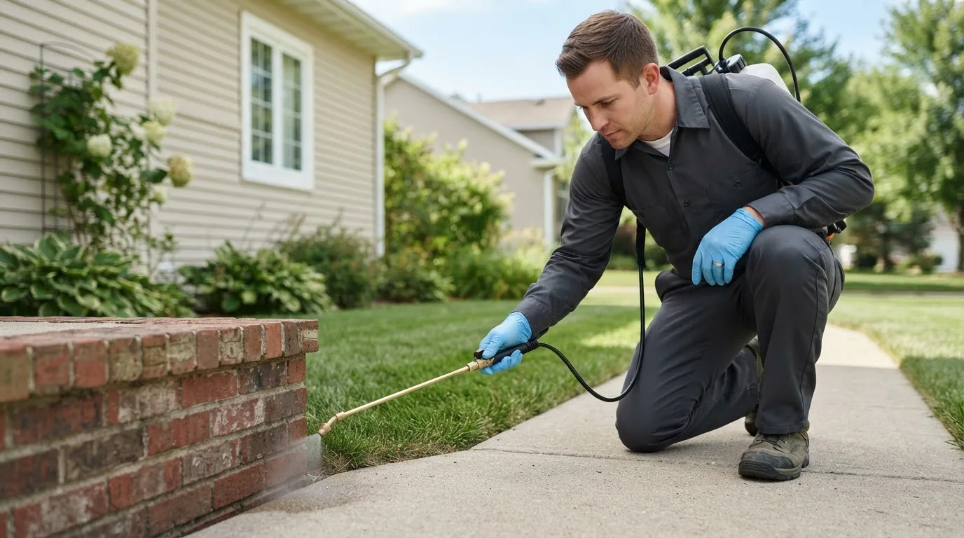 Pest control technician treating a home near Woodlawn, IL
